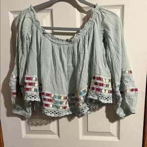 FP Movement by Free People Light Blue Blouse with Colorful Accents